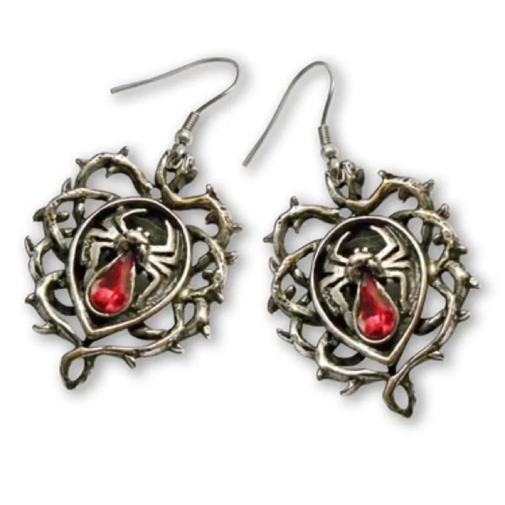 GOTHIC SPIDER WITH RED STONE BODY IN THORNS DANGLE EARRINGS